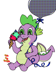 Size: 2250x2915 | Tagged: safe, artist:puffydearlysmith, imported from derpibooru, spike, dragon, balloon, chubby, chubby spike, fangs, food, happy, high res, ice cream, ice cream cone, male, open mouth, simple background, tongue out, transparent background, winged spike, wings