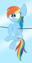 Size: 1050x2029 | Tagged: safe, artist:sugarcloud12, imported from derpibooru, rainbow dash, pegasus, pony, backwards cutie mark, eye clipping through hair, female, mare, sky, smiling, solo, wires