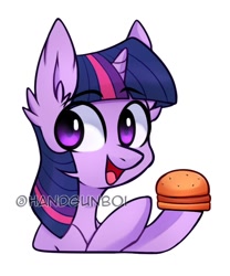 Size: 652x782 | Tagged: safe, artist:handgunboi, imported from derpibooru, twilight sparkle, pony, unicorn, burger, cute, ear fluff, eyebrows, eyebrows visible through hair, female, food, mare, open mouth, open smile, simple background, smiling, solo, twiabetes, twilight burgkle, unicorn twilight, white background