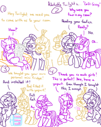 Size: 4779x6013 | Tagged: safe, artist:adorkabletwilightandfriends, imported from derpibooru, moondancer, starlight glimmer, twilight sparkle, alicorn, pony, unicorn, comic:adorkable twilight and friends, absurd resolution, adorkable, adorkable twilight, bipedal, caring, comic, couch, cute, dork, fanfic, friendship, glowing horn, happy, horn, joke, joking, kindness, love, magic, magic aura, mini fridge, newspaper, present, refrigerator, sharing, simple background, sitting, slice of life, teasing, telekinesis, twilight sparkle (alicorn), white background, yogurt