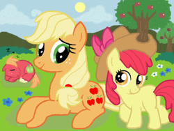 Size: 640x480 | Tagged: safe, artist:いも, imported from derpibooru, apple bloom, applejack, big macintosh, earth pony, pony, accessory swap, apple, apple siblings, apple sisters, apple tree, applejack's hat, brother and sister, cowboy hat, female, food, hat, looking at each other, lying down, male, mare, onomatopoeia, prone, siblings, sisters, sleeping, sound effects, stallion, tree, zzz