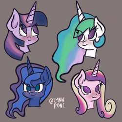 Size: 2048x2048 | Tagged: safe, artist:lynnpone, imported from derpibooru, princess cadance, princess celestia, princess luna, twilight sparkle, alicorn, pony, alicorn tetrarchy, blushing, bust, eye clipping through hair, female, mare, no pupils, simple background, twilight sparkle (alicorn)