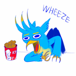 Size: 1280x1280 | Tagged: safe, artist:horsesplease, imported from ponybooru, gallus, bird, chicken, chicken meat, faic, food, fried chicken, gallus the rooster, kfc, laughing, meat, meme, smiling, solo, stupid, wheeze