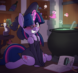 Size: 1936x1820 | Tagged: safe, artist:lockheart, edit, imported from twibooru, twilight sparkle, ghost, pony, undead, adorkable, blushing, bone hurting juice, boo (super mario), book, candle, cauldron, chest fluff, clothes, colored horn, curved horn, cute, disembodied horn, dork, dress, eye clipping through hair, female, glasses, hat, horn, image, leg fluff, levitation, love potion, magic, mare, one eye closed, png, potion, shoulder fluff, sitting, smiling, solo, sombra's horn, telekinesis, twiabetes, underhoof, wingless, wingless edit, wink, witch, witch hat