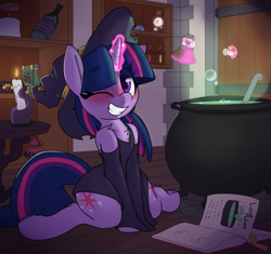 Size: 1936x1820 | Tagged: safe, artist:lockheart, edit, imported from twibooru, twilight sparkle, ghost, pony, undead, adorkable, blushing, bone hurting juice, boo (super mario), book, candle, cauldron, chest fluff, clothes, colored horn, curved horn, cute, disembodied horn, dork, dress, eye clipping through hair, female, hat, horn, image, leg fluff, levitation, love potion, magic, mare, one eye closed, png, potion, shoulder fluff, sitting, smiling, solo, sombra's horn, telekinesis, twiabetes, underhoof, wingless, wingless edit, wink, witch, witch hat