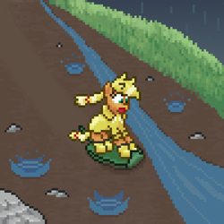 Size: 600x600 | Tagged: safe, artist:nitobit, imported from derpibooru, part of a set, applejack, earth pony, pony, appletini, female, grass, leaf, mare, micro, missing accessory, pebbles, pixel art, rain, rain boots, raincoat, scared, screaming, sliding, solo, water, wet, wet mane