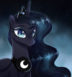 Size: 1280x1366 | Tagged: safe, artist:ghoasthead, imported from derpibooru, princess luna, alicorn, pony, bust, ethereal mane, female, mare, mist, sky, solo, starry mane, stars