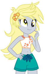 Size: 1024x1687 | Tagged: safe, artist:emeraldblast63, imported from derpibooru, derpy hooves, equestria girls, equestria girls series, forgotten friendship, spring breakdown, spoiler:eqg series (season 2), alternate hairstyle, belly button, clothes, derpy's beach shorts swimsuit, female, hand on hip, simple background, sleeveless, smiling, solo, swimsuit, transparent background, vector