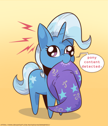 Size: 1101x1280 | Tagged: safe, artist:saturdaymorningproj, imported from derpibooru, trixie, pony, robot, robot pony, unicorn, :p, bot, clothes, cute, derp, diatrixes, eqdbot, gradient background, hat, mouth hold, nom, ponified, simple background, solo, speech bubble, tongue out, trixie's hat, yellow background