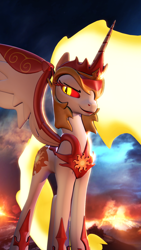 Size: 1080x1920 | Tagged: safe, artist:backmaker, imported from derpibooru, daybreaker, alicorn, pony, 3d, crown, fire, hoof shoes, jewelry, regalia, solo, source filmmaker