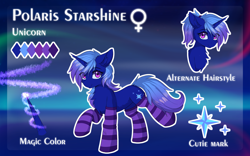 Size: 1920x1200 | Tagged: safe, artist:lunar froxy, imported from derpibooru, oc, oc only, oc:polaris starshine, pony, unicorn, chest fluff, clothes, ear fluff, ponytail, reference sheet, socks, solo, striped socks