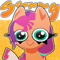 Size: 2000x2000 | Tagged: safe, artist:irinamar, imported from derpibooru, sunny starscout, earth pony, pony, abstract background, bust, coat markings, eyelashes, female, g5, high res, looking at you, portrait, socks (coat markings), solo, text, unshorn fetlocks