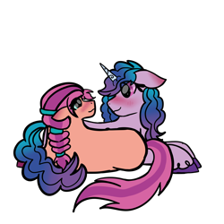 Size: 4096x4096 | Tagged: safe, artist:birbnerd17, imported from derpibooru, izzy moonbow, sunny starscout, earth pony, pony, unicorn, absurd resolution, blushing, braid, duo, duo female, eye clipping through hair, female, floppy ears, g5, looking at each other, lying down, mare, prone, simple background, smiling, smiling at each other, transparent background, unshorn fetlocks