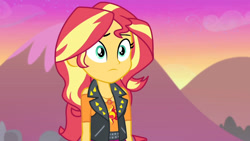 Size: 3410x1920 | Tagged: safe, imported from derpibooru, screencap, sunset shimmer, equestria girls, equestria girls series, forgotten friendship, clothes, cutie mark, cutie mark on clothes, female, geode of empathy, jacket, jewelry, leather, leather jacket, magical geodes, necklace, solo, sunset