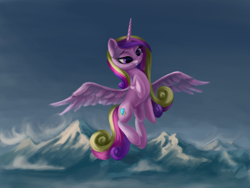Size: 3000x2250 | Tagged: safe, artist:flusanix, imported from derpibooru, princess cadance, alicorn, pony, female, flying, grin, high res, mare, mountain, mountain range, smiling, solo