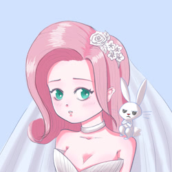 Size: 2048x2048 | Tagged: safe, artist:pika pie, imported from derpibooru, angel bunny, fluttershy, human, rabbit, animal, breasts, bust, choker, cleavage, clothes, dress, duo, female, flower, flower in hair, frown, high res, humanized, male, marriage, simple background, unamused, wedding, wedding dress