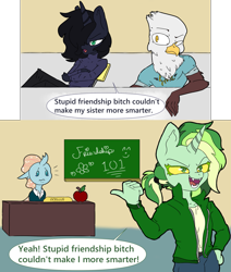 Size: 2621x3097 | Tagged: safe, artist:2hrnap, imported from derpibooru, imported from ponybooru, ocellus, oc, oc:nyxanon, oc:okie dokey loki, anthro, changedling, changeling, griffon, unicorn, apple, chalkboard, desk, dialogue, food, half-siblings, high res, it's always sunny in philadelphia, magical lesbian spawn, offspring, older, older ocellus, parent:oc:dyx, parent:oc:filly anon, parent:oc:nyx, parents:oc x oc, ponybooru import, speech bubble