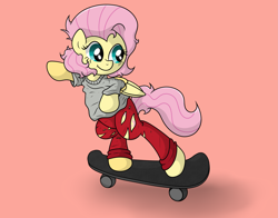 Size: 4425x3461 | Tagged: safe, artist:background basset, imported from derpibooru, fluttershy, pegasus, pony, bipedal, clothes, female, simple background, skateboard, solo, tomboy
