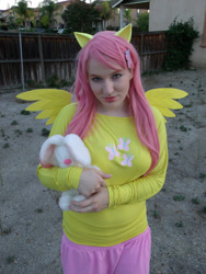 Size: 774x1032 | Tagged: safe, imported from derpibooru, fluttershy, human, rabbit, animal, clothes, cosplay, costume, irl, irl human, photo, plushie