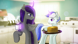 Size: 2560x1440 | Tagged: safe, artist:etheria galaxia, derpibooru exclusive, imported from derpibooru, oc, oc only, oc:etheria galaxia, oc:scratch wub, alicorn, pony, unicorn, alicorn oc, coffee, coffee mug, duo, female, food, glowing horn, horn, interior, magic, male, mare, morning, morning ponies, mug, pancakes, stallion, telekinesis, window, wings