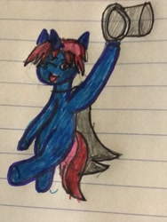 Size: 3024x4032 | Tagged: safe, artist:iyashi, imported from derpibooru, oc, oc only, oc:belle boue, pony, unicorn, anatomically incorrect, blue pony, cape, clothes, colored sketch, incorrect leg anatomy, lined paper, looking at you, missing cutie mark, non commissioned, purple eyes, solo, traditional art, two toned mane, two toned tail, wrong coat color