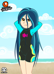 Size: 1920x2600 | Tagged: safe, artist:theminus, imported from derpibooru, indigo zap, human, equestria girls, :t, arm behind head, beach, clothes, clothes swap, fluttershy's wetsuit, long hair, show accurate, solo, swimsuit, swimsuit swap, wetsuit