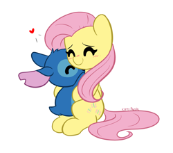 Size: 4180x3682 | Tagged: safe, artist:kittyrosie, imported from derpibooru, fluttershy, pegasus, pony, absurd resolution, blushing, crossover, cute, duo, eyes closed, female, heart, high res, hug, lilo and stitch, male, mare, shyabetes, simple background, smiling, stitch, white background