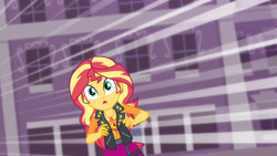 Size: 3410x1920 | Tagged: safe, imported from derpibooru, screencap, sunset shimmer, equestria girls, equestria girls series, forgotten friendship, canterlot high, clothes, cutie mark, cutie mark on clothes, female, geode of empathy, jacket, jewelry, leather, leather jacket, magical geodes, necklace, open mouth, solo