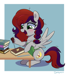 Size: 1800x2000 | Tagged: safe, artist:darkynez, imported from derpibooru, oc, oc only, oc:evening prose, pegasus, apron, blushing, book, clothes, freckles, jewelry, necklace, pearl necklace, table