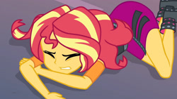 Size: 3410x1920 | Tagged: safe, imported from derpibooru, screencap, sunset shimmer, equestria girls, equestria girls series, forgotten friendship, clothes, eyes closed, female, jacket, leather, leather jacket, shoes, solo