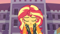 Size: 3410x1920 | Tagged: safe, imported from derpibooru, screencap, sunset shimmer, equestria girls, equestria girls series, forgotten friendship, clothes, cutie mark, cutie mark on clothes, female, geode of empathy, jacket, jewelry, leather, leather jacket, magical geodes, necklace, open mouth, sad, solo