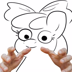 Size: 3000x3000 | Tagged: safe, artist:tjpones, imported from derpibooru, apple bloom, earth pony, pony, female, filly, hand, high res, looking at you, meme, offscreen character, pov, simple background, solo, suddenly hands, vibe check, white background