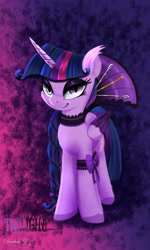 Size: 1800x3000 | Tagged: safe, artist:darksly, imported from derpibooru, twilight sparkle, alicorn, pony, black sclera, clothes, colored wings, evil, fangs, female, high res, lidded eyes, mare, multicolored wings, smiling, solo, twilight sparkle (alicorn), wings