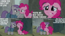 Size: 1280x720 | Tagged: safe, edit, edited screencap, editor:quoterific, imported from derpibooru, screencap, maud pie, pinkie pie, earth pony, pony, rock solid friendship, season 7, crying, cute, diapinkes, female, floppy ears, hug, lip bite, mare, open mouth, pie sisters, sad, siblings, sisters