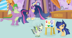 Size: 1024x549 | Tagged: safe, artist:velveagicsentryyt, imported from derpibooru, spike, twilight sparkle, oc, oc:burnity, oc:velvet sentry, alicorn, dracony, dragon, hybrid, pony, the last problem, female, filly, gigachad spike, interspecies offspring, offspring, older, older spike, older twilight, parent:flash sentry, parent:rarity, parent:spike, parent:twilight sparkle, parents:flashlight, parents:sparity, princess twilight 2.0, twilight sparkle (alicorn)