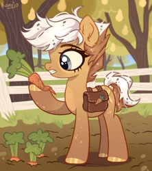 Size: 1920x2160 | Tagged: safe, artist:konejo, imported from derpibooru, oc, oc only, earth pony, pony, bag, carrot, fence, food, grass, pear tree, solo, tree