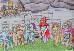Size: 4032x2810 | Tagged: safe, artist:fireart, imported from derpibooru, applejack, fluttershy, pinkie pie, rainbow dash, rarity, twilight sparkle, armor, bard pie, clothes, crossover, dungeons and dragons, fantasy class, hat, hood, king arthur, lasso, mane six, pen and paper rpg, rainbow rogue, robe, rope, rpg, saint seiya, sonic and the black knight, staff, traditional art, wizard hat