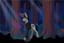 Size: 1500x1000 | Tagged: safe, artist:zariolys, imported from derpibooru, pony, unicorn, the mean 6, blood, clone, clothes, commission, disguise, disguised siren, evil clone, fangs, forest, glowing horn, horn, jewelry, kellin quinn, levitation, long sleeves, magic, male, necklace, outdoors, ponified, shirt, sleeping with sirens, stallion, stick, telekinesis, tree, ych result