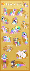 Size: 1280x3046 | Tagged: safe, artist:happy-go-creative, imported from derpibooru, oc, oc:rainbow star, crystal pony, card, clothes, dress, freckles, gala dress, multicolored hair, rainbow hair, reference, reference sheet