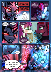 Size: 2480x3508 | Tagged: safe, artist:dsana, imported from derpibooru, tempest shadow, oc, oc:lullaby dusk, oc:thistledown, earth pony, pegasus, pony, unicorn, comic:a storm's lullaby, adopted offspring, angry, armor, canon x oc, comic, cracked horn, crying, crystal armor, earth pony oc, eyes closed, family, female, filly, glowing eyes, glowing horn, high res, horn, lesbian, mare, open mouth, pegasus oc, shipping, solo, tears of anger, tempest gets her horn back, trio, trio female, wings
