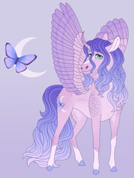 Size: 2171x2880 | Tagged: safe, artist:bluet0ast, imported from derpibooru, oc, oc only, alicorn, butterfly, pony, alicorn oc, colored hooves, crescent moon, curved horn, gradient background, high res, horn, magical lesbian spawn, moon, offspring, parent:fluttershy, parent:princess luna, parents:lunashy, wings