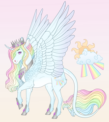 Size: 2820x3180 | Tagged: safe, artist:bluet0ast, imported from derpibooru, oc, oc only, alicorn, pony, abstract background, alicorn oc, crown, curved horn, eyebrows, eyebrows visible through hair, high res, hoof shoes, horn, jewelry, leonine tail, looking at you, magical lesbian spawn, male, multicolored hair, offspring, parent:princess celestia, parent:rainbow dash, peytral, rainbow hair, raised hoof, regalia, side view, smiling, smiling at you, solo, stallion, wings