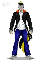 Size: 1000x1416 | Tagged: safe, artist:thedansingpig, imported from derpibooru, oc, oc only, anthro, unicorn, clothes, horn, jacket, male, pants, shoes, signature, simple background, solo, transparent background, unicorn oc