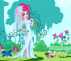 Size: 700x600 | Tagged: safe, artist:connorm1, imported from derpibooru, pinkie pie, cat, equestria girls, :d, bouquet, clothes, dress, female, flower, flower in hair, high heels, marriage, open mouth, outdoors, shoes, smiling, wedding, wedding dress