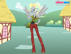 Size: 800x600 | Tagged: safe, artist:connorm1, imported from derpibooru, derpy hooves, anthro, pegasus, building, clothes, female, glasses, hand on hip, outdoors, pants, solo, wings