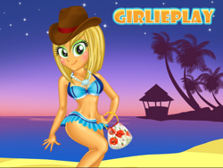 Size: 700x526 | Tagged: safe, artist:connorm1, imported from derpibooru, applejack, equestria girls, beach, bra, clothes, eyelashes, female, handbag, hat, jewelry, makeup, miniskirt, necklace, night, outdoors, pearl necklace, skirt, smiling, solo, stars, underwear