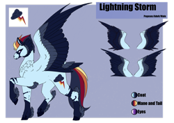 Size: 1920x1358 | Tagged: safe, artist:oneiria-fylakas, imported from derpibooru, oc, oc only, oc:lightning storm, pegasus, pony, colored wings, male, multicolored wings, offspring, parent:rainbow dash, parent:soarin', parents:soarindash, reference sheet, solo, stallion, tail feathers, wings