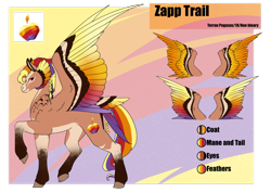 Size: 1920x1358 | Tagged: safe, artist:oneiria-fylakas, imported from derpibooru, oc, oc only, oc:zapp, pegasus, pony, colored wings, female, mare, multicolored wings, offspring, parent:rainbow dash, parent:soarin', parents:soarindash, reference sheet, solo, tail feathers, trail, wings