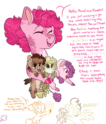 Size: 1687x1980 | Tagged: safe, artist:moccabliss, imported from derpibooru, pinkie pie, pound cake, pumpkin cake, oc, oc:rocky road, oc:strawberry shake, oc:vanilla bean, hippogriff, hybrid, pony, baby, biting, crying, interspecies offspring, magical lesbian spawn, offspring, older, older pound cake, older pumpkin cake, parent:gilda, parent:pinkie pie, parents:gildapie, sharp teeth, teeth