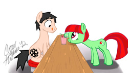 Size: 1000x575 | Tagged: safe, artist:ceehoff, imported from derpibooru, oc, oc:cherry limeade, oc:connor, earth pony, pony, duo, earth pony oc, eyelashes, female, licking, licking lips, male, mare, signature, simple background, sitting, smiling, stallion, stool, tongue out, white background